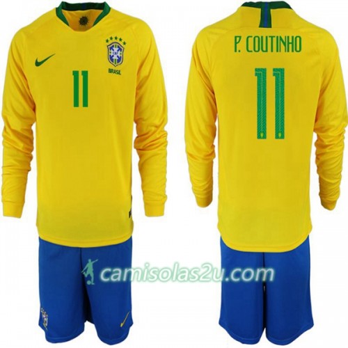 Camisolas de Futebol Brasil P. Coutinho 11 Criança Equipamento Principal Copa do Mundo 2018 Manga Comprida Camisolas de Futebol Brasil P. Coutinho 11 Criança Equipamento Principal Copa do Mundo 2018 Manga Comprida
